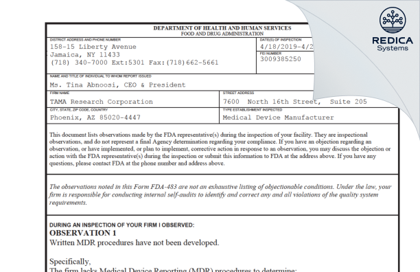 FDA 483 - TAMA Research Corporation [Scottsdale / United States of America] - Download PDF - Redica Systems