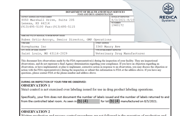 FDA 483 - Huvepharma, Inc. [St. Louis / United States of America] - Download PDF - Redica Systems