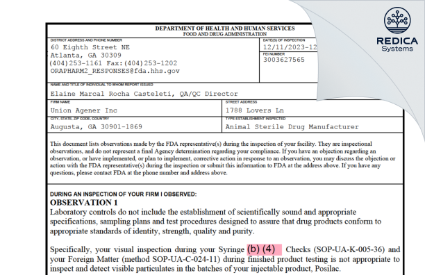 FDA 483 - UNION AGENER, INC. [Augusta / United States of America] - Download PDF - Redica Systems