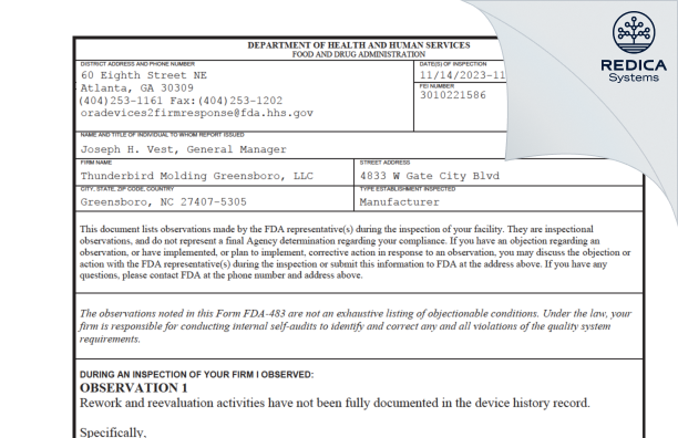 FDA 483 - Bright Enterprises, Inc [Greensboro / United States of America] - Download PDF - Redica Systems