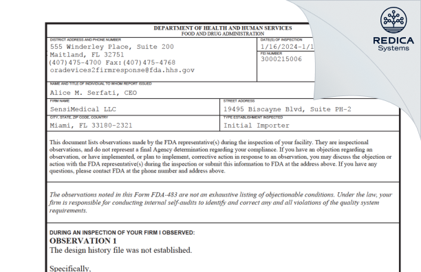 FDA 483 - SENSIMEDICAL LLC [Aventura / United States of America] - Download PDF - Redica Systems
