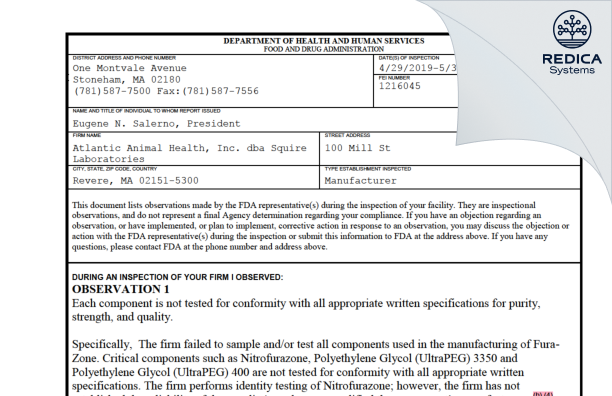 FDA 483 - Squire Laboratories [Revere Massachusetts / United States of America] - Download PDF - Redica Systems