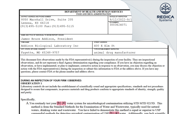 FDA 483 - Addison Biological Laboratory, Inc. [Fayette / United States of America] - Download PDF - Redica Systems