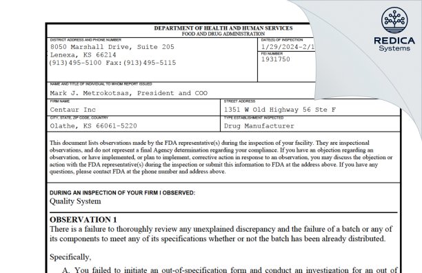 FDA 483 - Centaur, Inc. [Olathe / United States of America] - Download PDF - Redica Systems