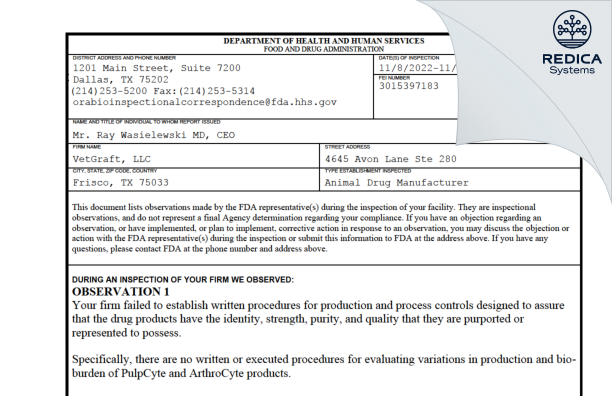 FDA 483 - VetGraft, LLC [Frisco / United States of America] - Download PDF - Redica Systems
