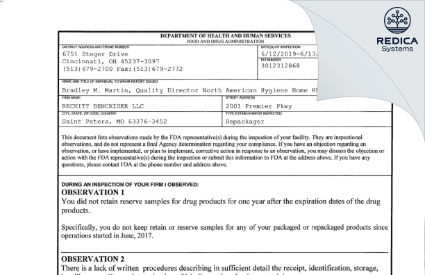 FDA 483 - Reckitt Benckiser LLC [St Peters / United States of America] - Download PDF - Redica Systems