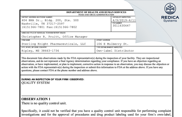 FDA 483 - Sterling-Knight Pharmaceuticals, LLC [Ripley / United States of America] - Download PDF - Redica Systems