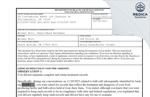 FDA 483 - Wilmer Nolt [Peach Bottom / United States of America] - Download PDF - Redica Systems
