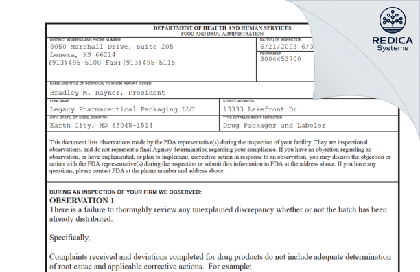 FDA 483 - Legacy Pharmaceutical Packaging, LLC [Earth City / United States of America] - Download PDF - Redica Systems