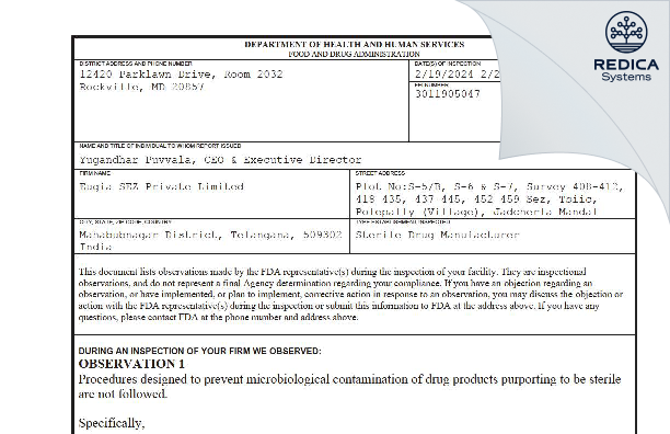 FDA 483 - Eugia SEZ Private Limited [India / India] - Download PDF - Redica Systems