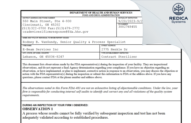 FDA 483 - E-BEAM Services, Inc. [Ohio / United States of America] - Download PDF - Redica Systems