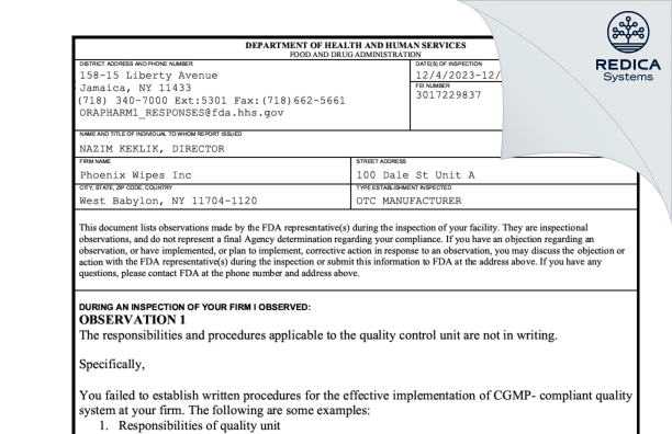 FDA 483 - Phoenix Wipes Inc [West Babylon / United States of America] - Download PDF - Redica Systems