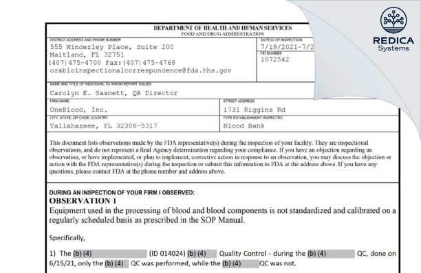 FDA 483 - OneBlood, Inc. [Tallahassee / United States of America] - Download PDF - Redica Systems