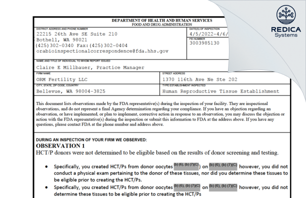 FDA 483 - ORM Fertility LLC [Bellevue / United States of America] - Download PDF - Redica Systems