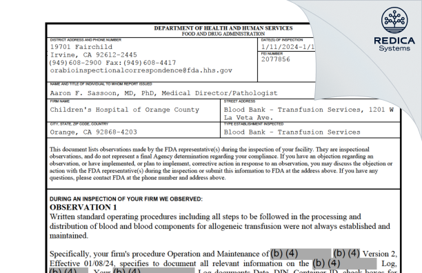 FDA 483 - Children's Hospital of Orange County [Orange / United States of America] - Download PDF - Redica Systems