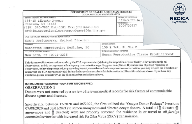 FDA 483 - Manhattan Reproductive Medicine, PC [New York / United States of America] - Download PDF - Redica Systems