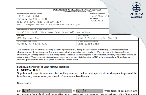 FDA 483 - Cbr Systems Inc [Tucson / United States of America] - Download PDF - Redica Systems