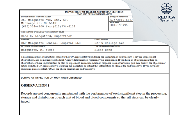 FDA 483 - DLP Marquette General Hospital LLC [Marquette / United States of America] - Download PDF - Redica Systems