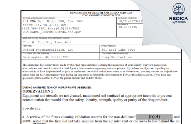 FDA 483 - Oxford Pharmaceuticals, LLC [Birmingham / United States of America] - Download PDF - Redica Systems