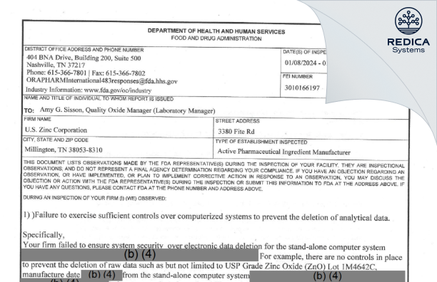 FDA 483 - U.S. Zinc Corporation
 [Millington / United States of America] - Download PDF - Redica Systems