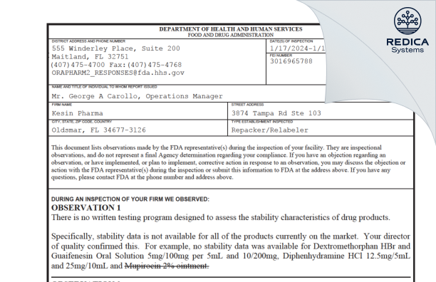 FDA 483 - Kesin Pharma Corporation [Florida / United States of America] - Download PDF - Redica Systems