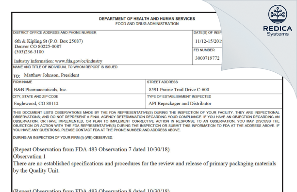 FDA 483 - B&B Pharmaceuticals, Inc. [Englewood / United States of America] - Download PDF - Redica Systems