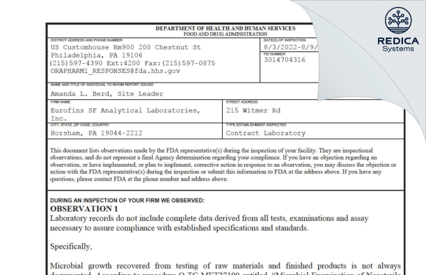 FDA 483 - Eurofins SF Analytical Laboratories, Inc [Horsham / United States of America] - Download PDF - Redica Systems