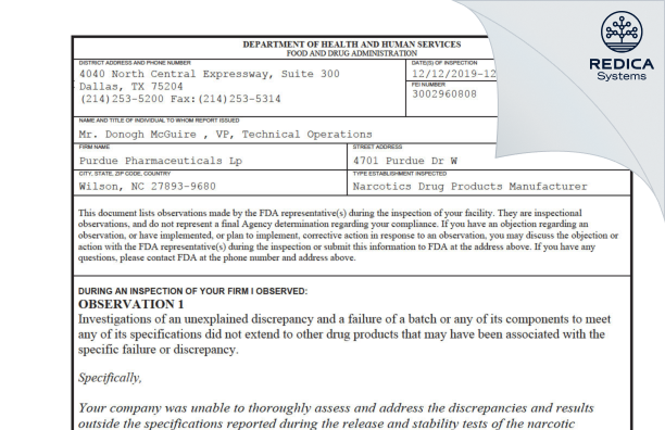 FDA 483 - Purdue Pharmaceuticals L.P. [Wilson / United States of America] - Download PDF - Redica Systems