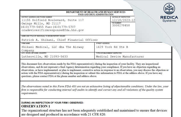 FDA 483 - Shikani Medical, LLC dba The Airway Company [Lutherville Timonium / United States of America] - Download PDF - Redica Systems