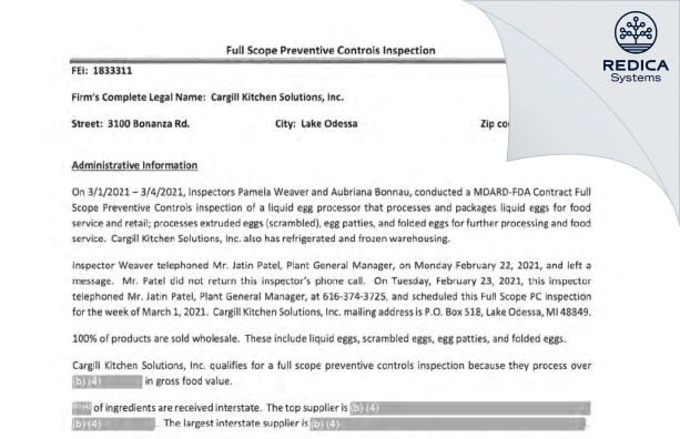 EIR - Cargill Kitchen Solutions, Inc. [Lake Odessa / United States of America] - Download PDF - Redica Systems