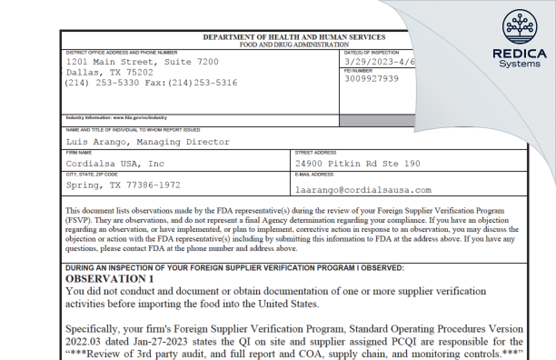 FDA 483 - Cordialsa USA, Inc [Spring / United States of America] - Download PDF - Redica Systems