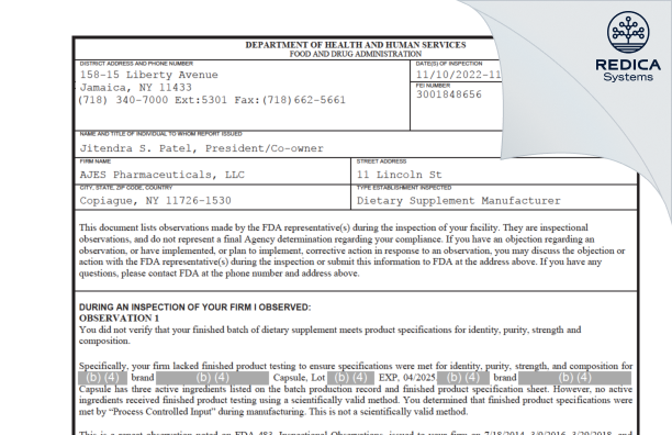 FDA 483 - AJES Pharmaceuticals, LLC [Copiague / United States of America] - Download PDF - Redica Systems