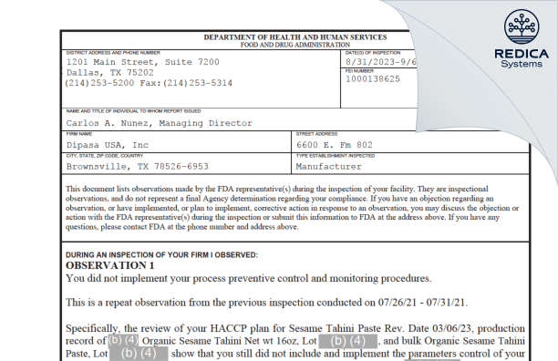 FDA 483 - Dipasa USA, Inc [Brownsville / United States of America] - Download PDF - Redica Systems