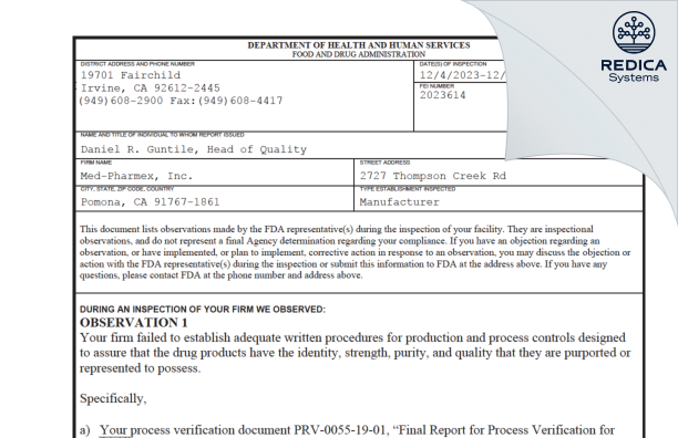 FDA 483 - Med-Pharmex, Inc [Pomona / United States of America] - Download PDF - Redica Systems