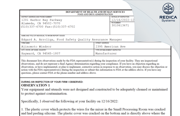 FDA 483 - Ajinomoto Windsor [Hayward / United States of America] - Download PDF - Redica Systems