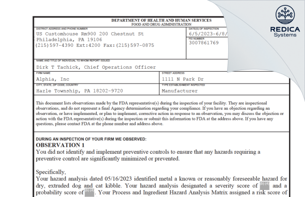 FDA 483 - Alphia, Inc [Hazle Township / United States of America] - Download PDF - Redica Systems