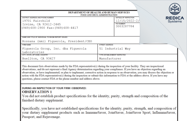 FDA 483 - Figuerola Group, Inc. dba Figuerola Laboratories [Buellton / United States of America] - Download PDF - Redica Systems