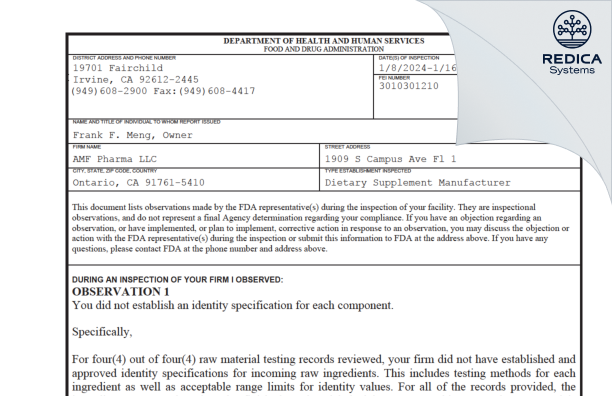 FDA 483 - AMF Pharma LLC [California / United States of America] - Download PDF - Redica Systems