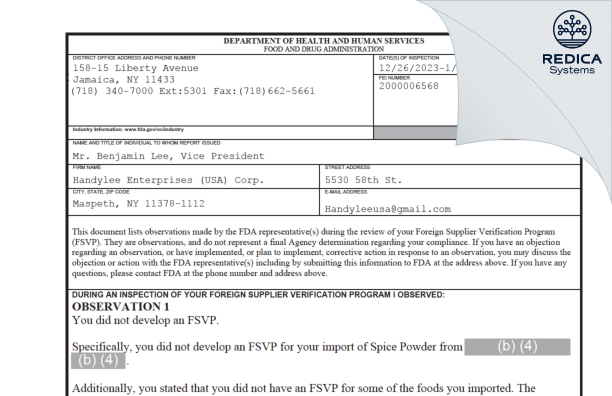 FDA 483 - Handylee Enterprise USA Corp. [Maspeth / United States of America] - Download PDF - Redica Systems