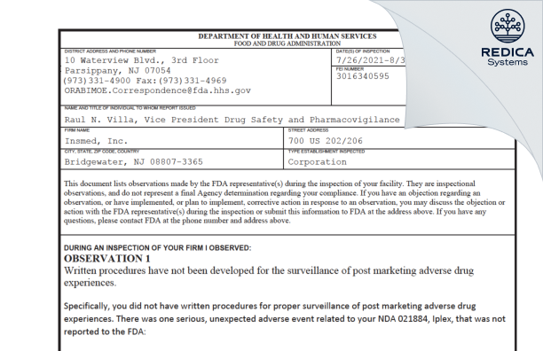 FDA 483 - Insmed, Inc. [Bridgewater / United States of America] - Download PDF - Redica Systems