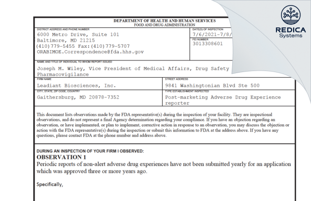 FDA 483 - Leadiant Biosciences, Inc. [Gaithersburg / United States of America] - Download PDF - Redica Systems