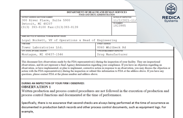 FDA 483 - Tower Laboratories Ltd [Montague Michigan / United States of America] - Download PDF - Redica Systems