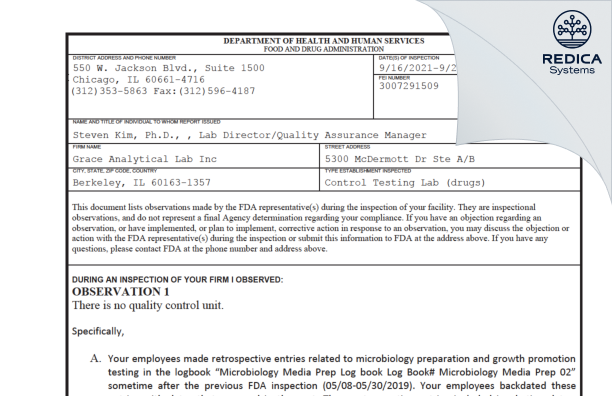 FDA 483 - Grace Analytical Laboratory, Inc [Berkeley Illinois / United States of America] - Download PDF - Redica Systems