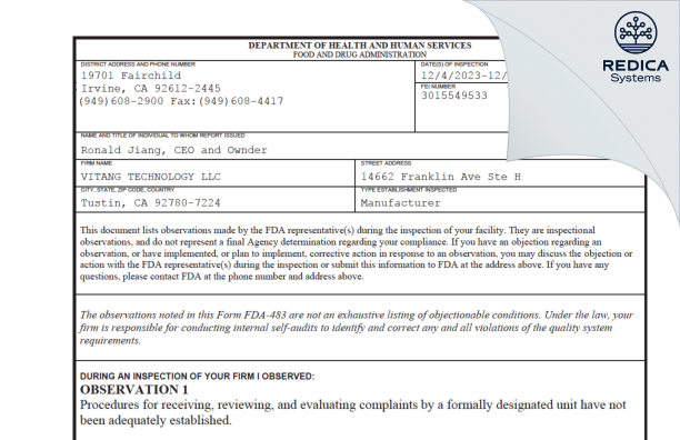 FDA 483 - VITANG TECHNOLOGY LLC [Tustin / United States of America] - Download PDF - Redica Systems