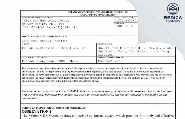 FDA 483 - Foshan Gaunying Electronics Co., Ltd [Foshan / China] - Download PDF - Redica Systems