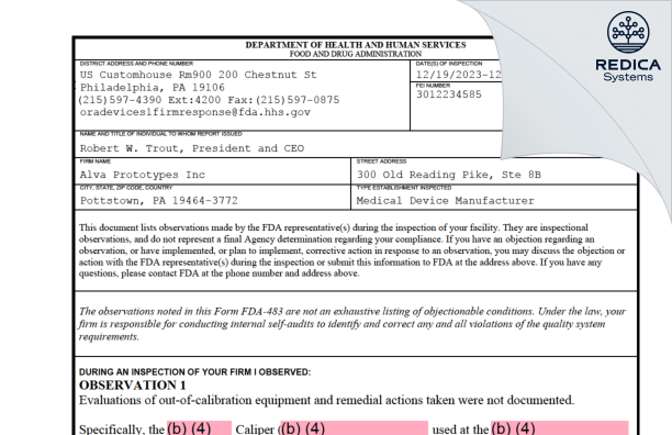 FDA 483 - ALVA PROTOTYPES INC [Pottstown / United States of America] - Download PDF - Redica Systems