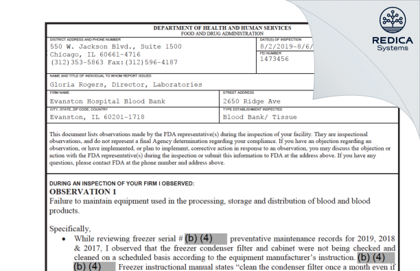 FDA 483 - Evanston Hospital Blood Bank [Evanston / United States of America] - Download PDF - Redica Systems