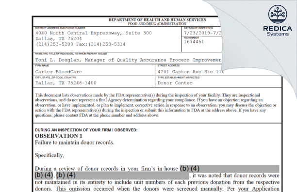 FDA 483 - Carter BloodCare [Dallas / United States of America] - Download PDF - Redica Systems