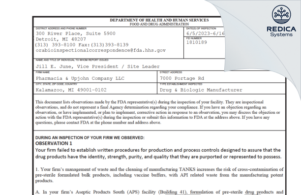 FDA 483 - Pharmacia & Upjohn Company LLC [Kalamazoo / United States of America] - Download PDF - Redica Systems