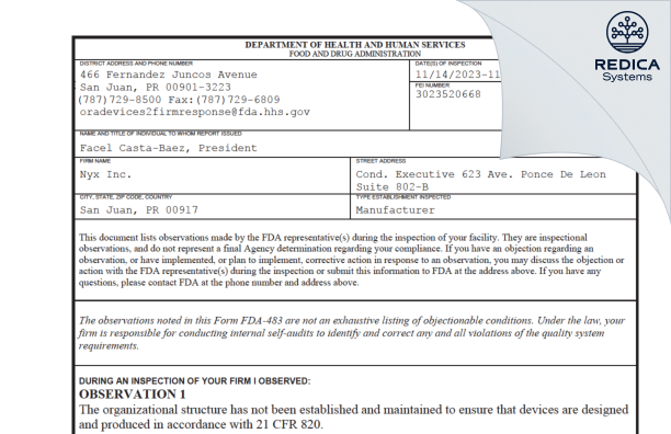 FDA 483 - NYX, INC. [San Juan / United States of America] - Download PDF - Redica Systems